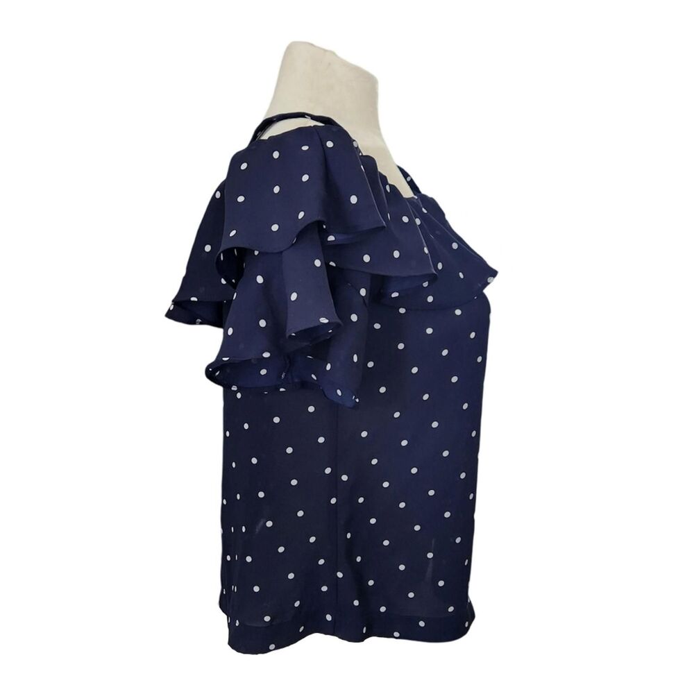 J.Crew Cold Shoulder Ruffle Blouse Navy White Polka Dot Silk Feel Top Size 10 - Picture 6 of 8